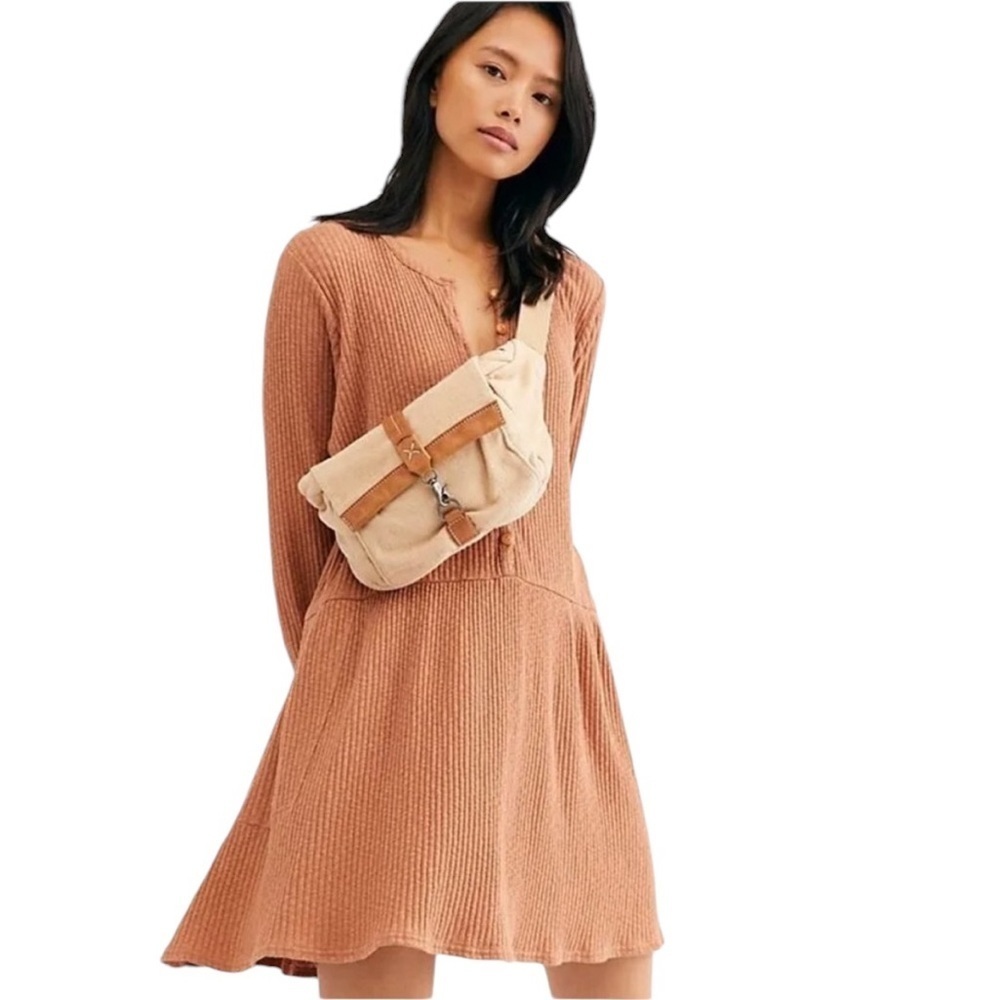 Free People Beach VNeck Long Sleeve Button Detail Cotton Swing Dress Large